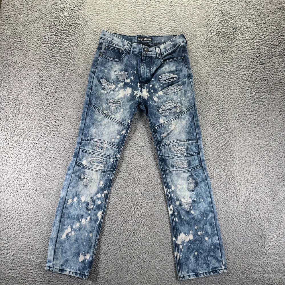 GS-115 Jeans Boys 14 Blue Cotton Denim Straight Leg Faded Distressed Acid-Wash